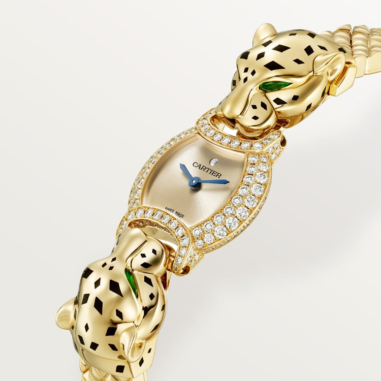 Panthère de Cartier Small 22.2mm Yellow Gold Diamond Bezel Tsavorite Eyes Golden Dial Yellow Gold Bracelet Quartz Watch