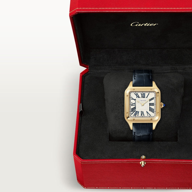 Santos-Dumont XL 46.6mm x 33.9mm Yellow Gold Blue Dumortierite Dial Alligator Strap Manual-Winding Watch