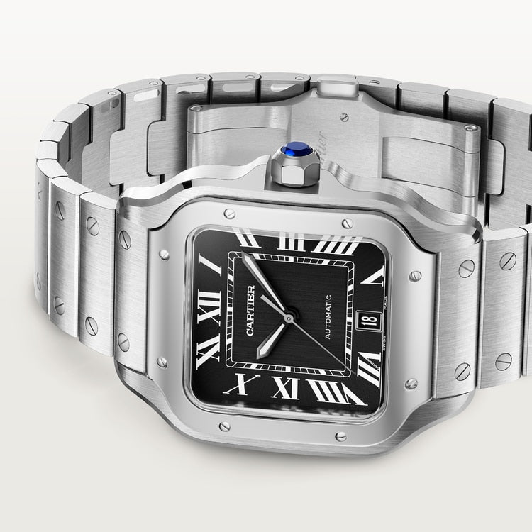 Santos de Cartier Large 39.8mm Steel Blue Crown Black Dial Steel Bracelet Self-Winding Watch