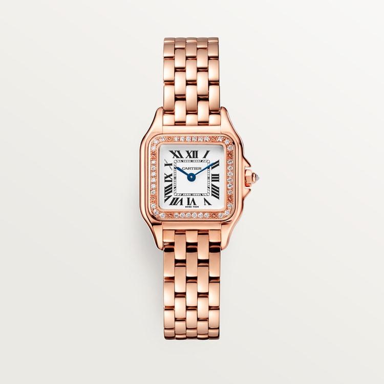 Panthère de Cartier Small 22mm x 30mm Rose Gold Diamond Bezel Diamond Crown Silvered Dial Rose Gold Bracelet Quartz Watch