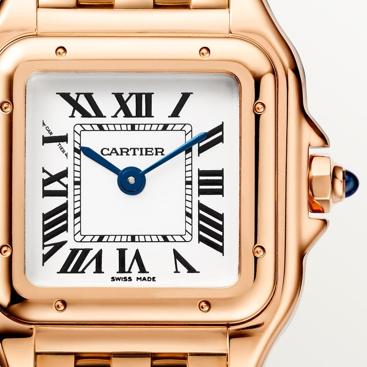 Panthère Small 23mm x 30mm Rose Gold Blue Crown Silvered Dial Rose Gold Bracelet Quartz Watch
