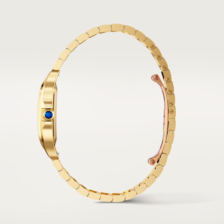 Santos de Cartier Small 34.5mm x 27mm Yellow Gold Blue Crown Silver Sunray Dial Yellow Gold Bracelet Quartz Watch
