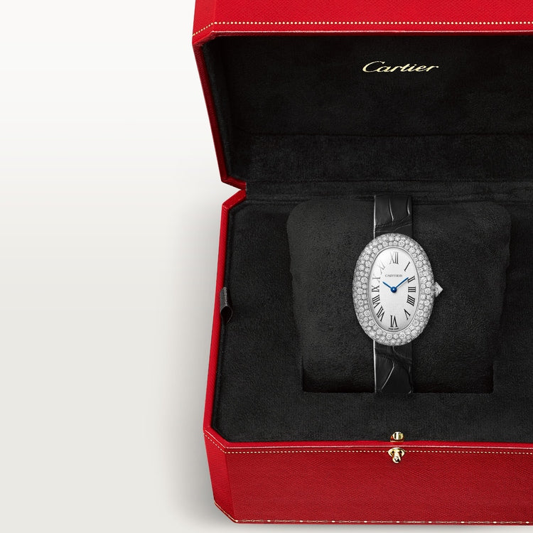 Baignoire Medium 36mm x 26mm White Gold Diamond Case Diamond Crown Silvered Dial Navy Blue Alligator Strap Quartz Watch