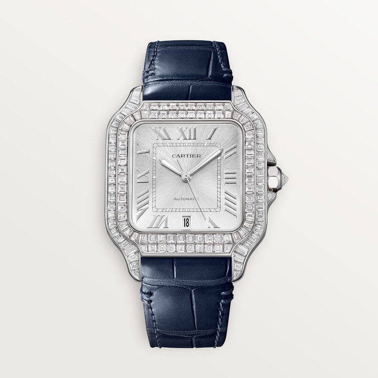 Santos de Cartier Large 47.5mm White Gold Diamond Bezel Silvered Sunray Dial Alligator Strap Self-Winding Watch