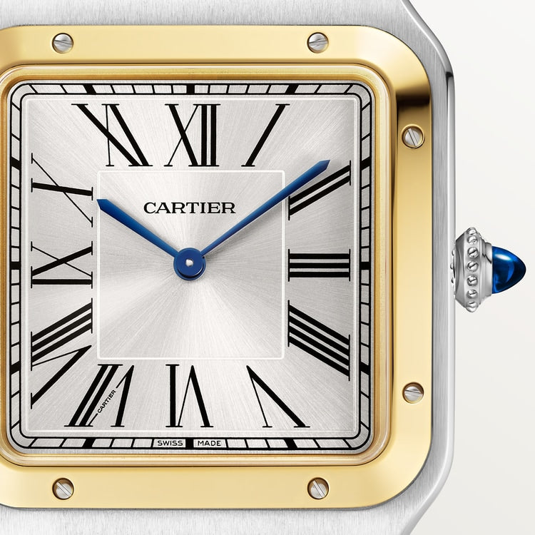 Santos-Dumont Extra-Large 46.6mm x 33.9mm Steel Yellow Gold Silvered Satin-Finish Dial Anthracite Gray Alligator Strap Self-Winding Watch