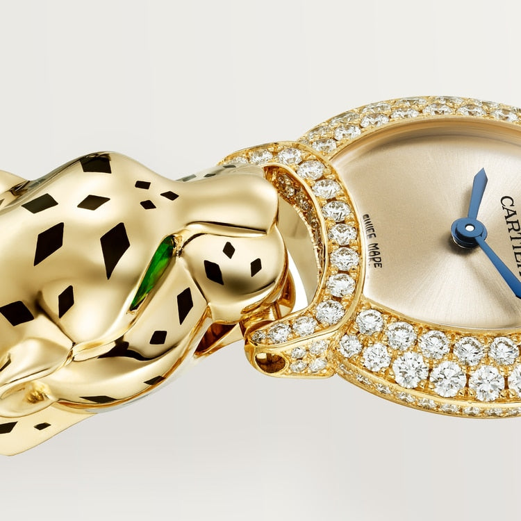 Panthère de Cartier Small 22.2mm Yellow Gold Diamond Bezel Tsavorite Eyes Golden Dial Yellow Gold Bracelet Quartz Watch