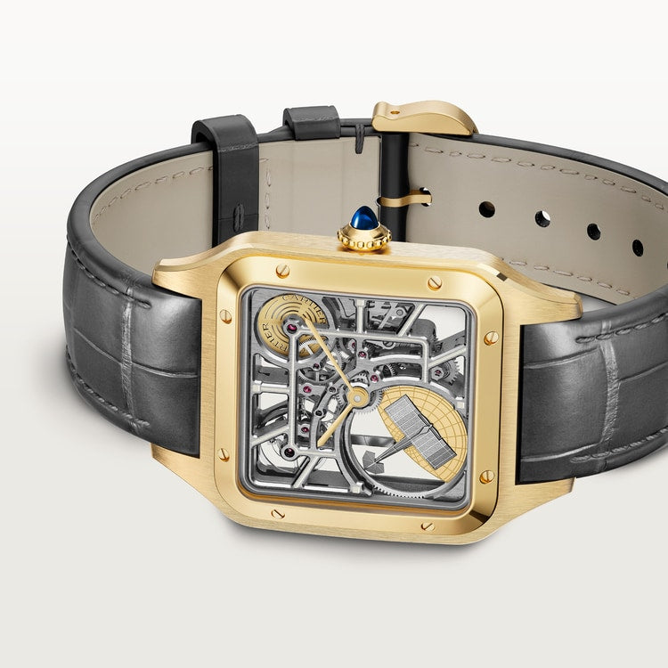 Santos-Dumont Large 43.5mm x 31.4mm Yellow Gold Skeleton Dial Alligator Strap Self-Winding Watch