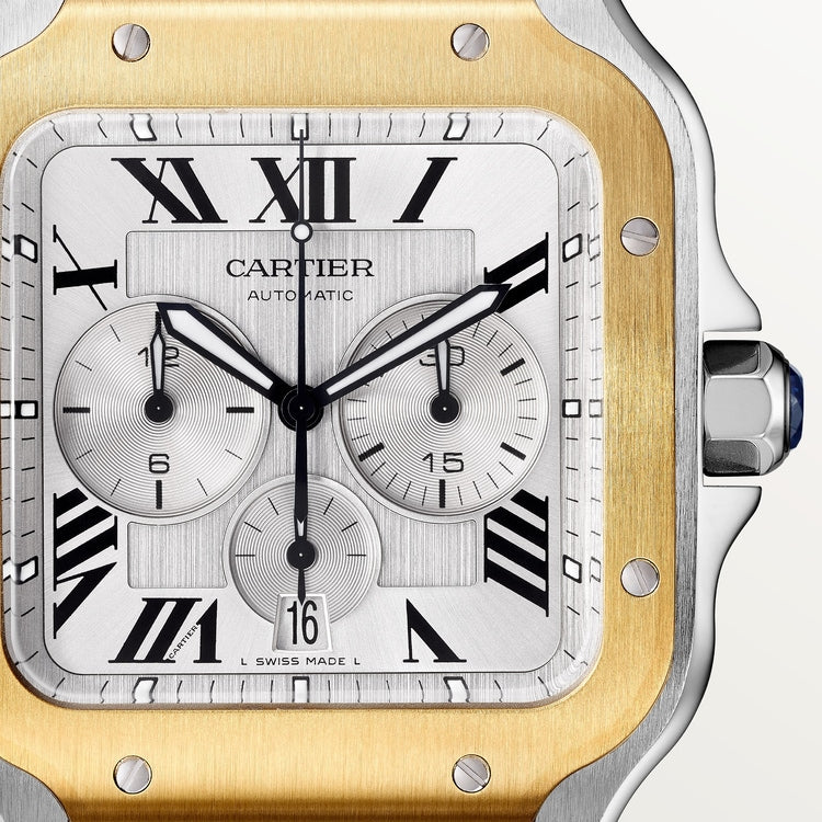 Santos de Cartier Chronograph Extra-Large 51.3mm x 43.3mm Steel Yellow Gold Bezel Silver Dial Steel Bracelet Self-Winding Watch