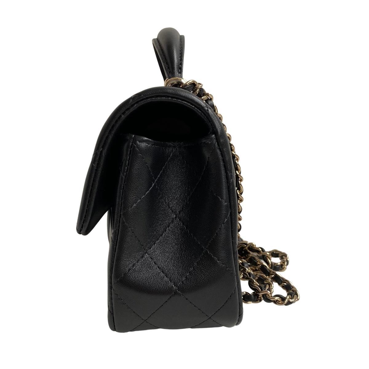 Chanel Flap Bag with Top Handle Black Lambskin Light Gold Hardware