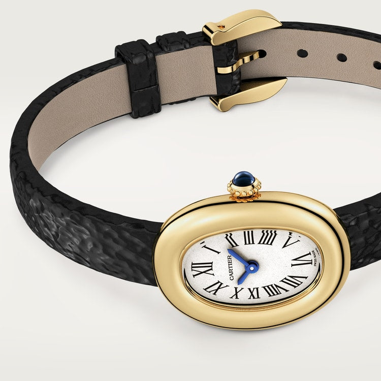 Baignoire Mini 24.6mm x 18.7mm Yellow Gold Beaded Crown Sapphire Cabochon Silvered Dial Black Patent Leather Strap Quartz Watch