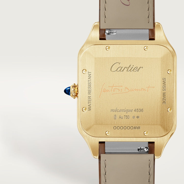 Santos-Dumont Extra-Large 46.6mm x 33.9mm Yellow Gold Wood-Inspired Golden Dial Brown Alligator Strap Self-Winding Watch