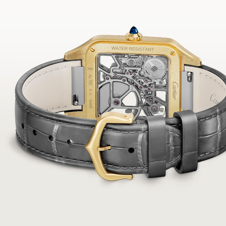 Santos-Dumont Large 43.5mm x 31.4mm Yellow Gold Skeleton Dial Alligator Strap Self-Winding Watch
