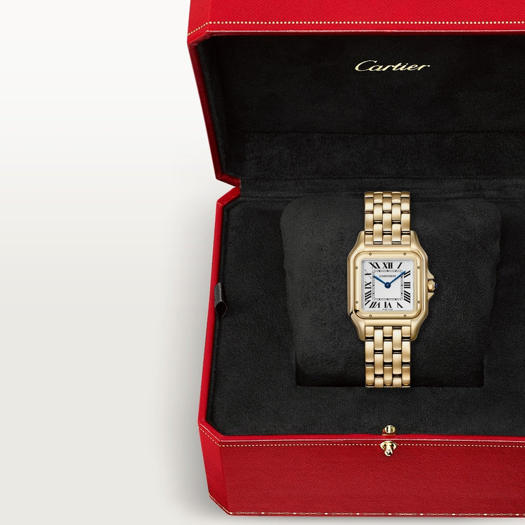 Panthère Medium 29mm x 37mm Yellow Gold Blue Sapphire Crown Silvered Dial Yellow Gold Bracelet Quartz Watch