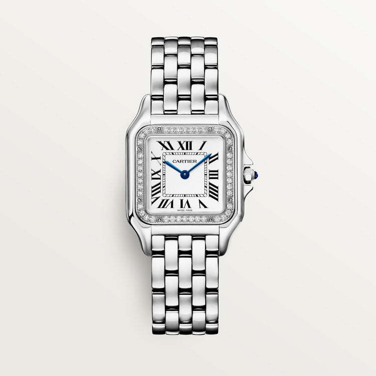 Panthère de Cartier Medium 36.5mm x 26.7mm Steel Diamond Bezel Blue Crown Silver Dial Steel Bracelet Quartz Watch