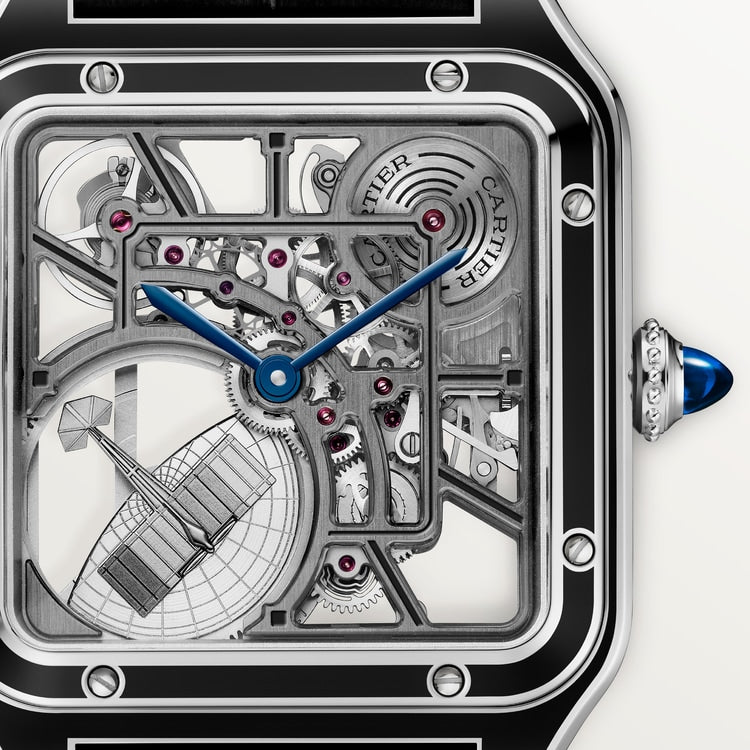 Santos-Dumont Skeleton 43.5mm x 31.4mm Steel Black Lacquer Gray Alligator Strap Self-Winding Watch