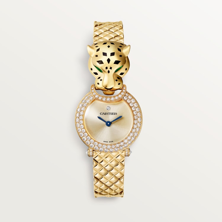 Panthère Small 23.6mm Yellow Gold Diamond Bezel Tsavorite Eyes Golden Dial Yellow Gold Bracelet Quartz Watch