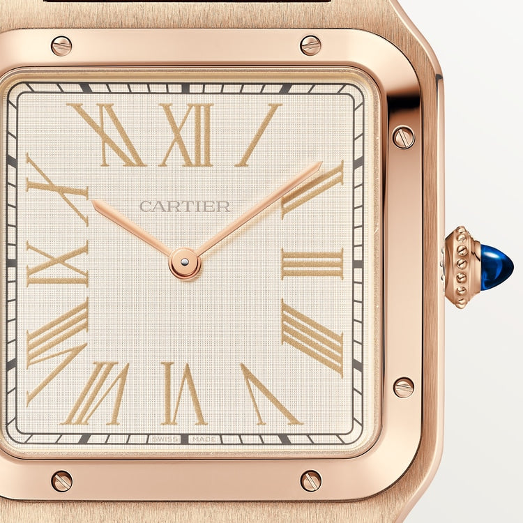 Santos-Dumont Extra-Large 46.6mm x 33.9mm Rose Gold Blue Crown Beige Dial Brown Alligator Strap Manual-Winding Watch