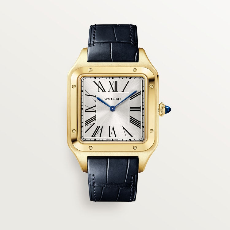Santos-Dumont Extra-Large 46.6mm x 33.9mm Yellow Gold Silver Satin-Finish Dial Blue Alligator Strap Self-Winding Watch