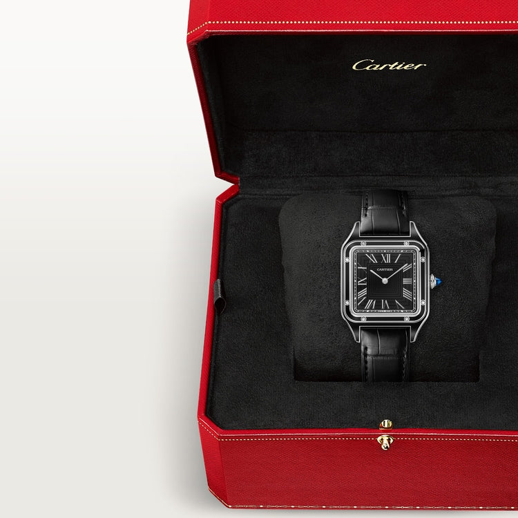 Santos-Dumont Large 43.5mm x 31.4mm Steel Black Lacquer Black Dial Black Alligator Strap Manual-Winding Watch