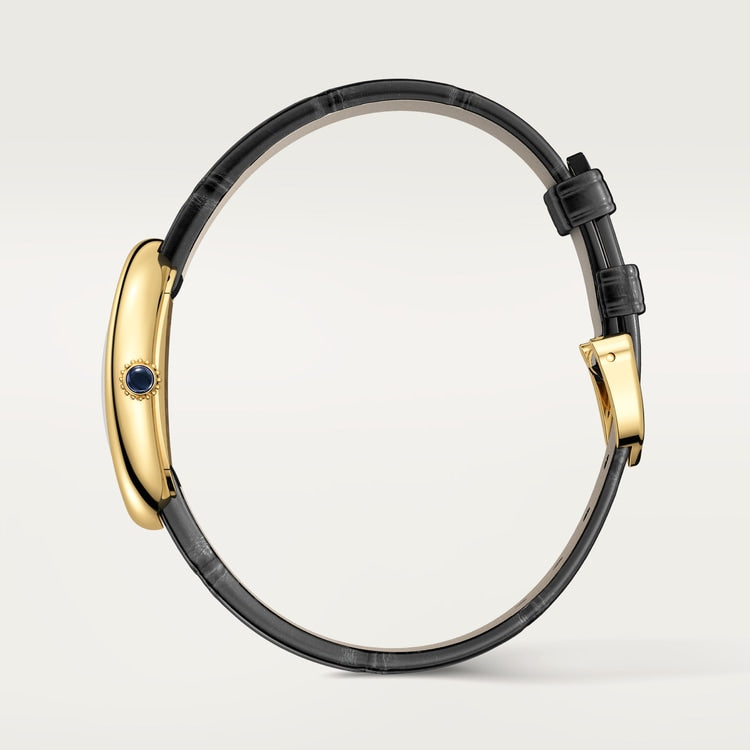 Baignoire Small 31mm x 23mm Yellow Gold Beaded Crown Sapphire Cabochon Silvered Dial Black Alligator Strap Quartz Watch
