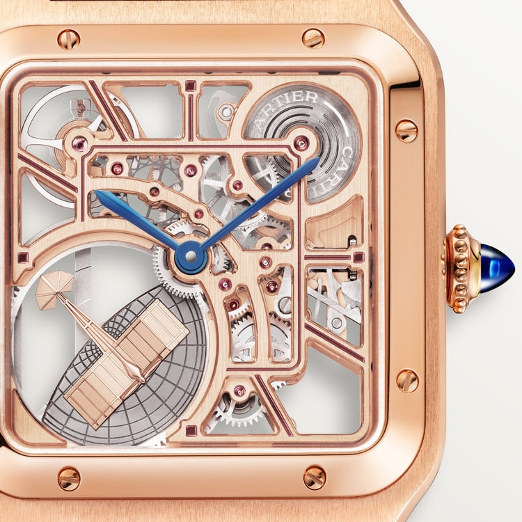 Santos-Dumont Large 43.5mm x 31.4mm Rose Gold Blue Crown Skeleton Dial Burgundy Alligator Strap Self-Winding Watch