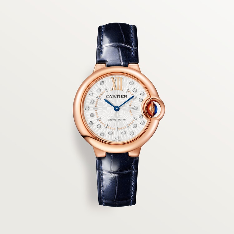 Ballon Bleu 33mm Rose Gold Diamond Dial Blue Alligator Strap Automatic Watch