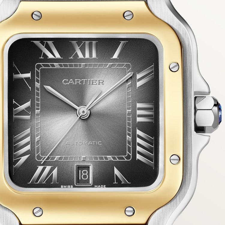 Santos de Cartier Large 39.8mm Steel Yellow Gold Blue Crown Anthracite Gray Dial Steel Bracelet Automatic Watch