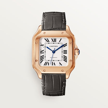 Santos de Cartier Medium 35.1mm Rose Gold Blue Crown Silver Dial Alligator Strap Self-Winding Watch