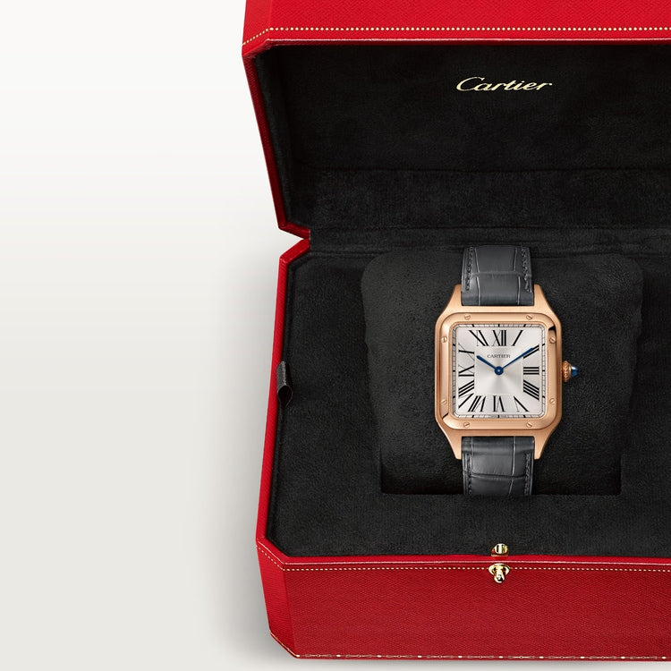 Santos-Dumont Large 43.5mm x 31.4mm Rose Gold Blue Crown Silver Sunray Dial Gray Alligator Leather Strap Quartz Watch