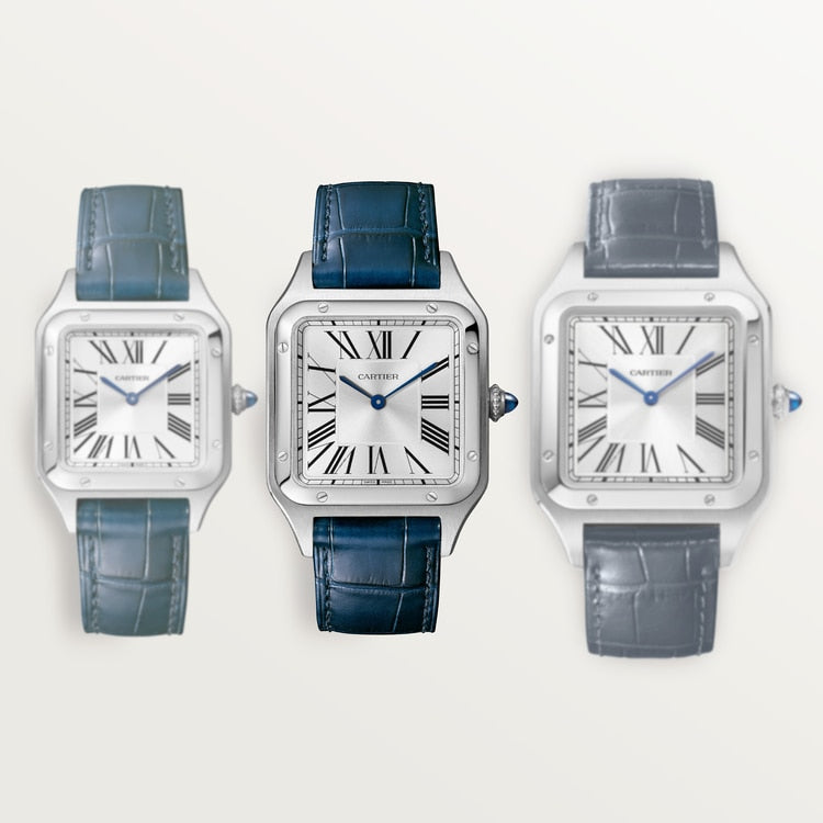 Santos-Dumont Large 43.5mm x 31.4mm Steel Silvered Satin-Finish Dial Navy Blue Alligator Strap Quartz Watch