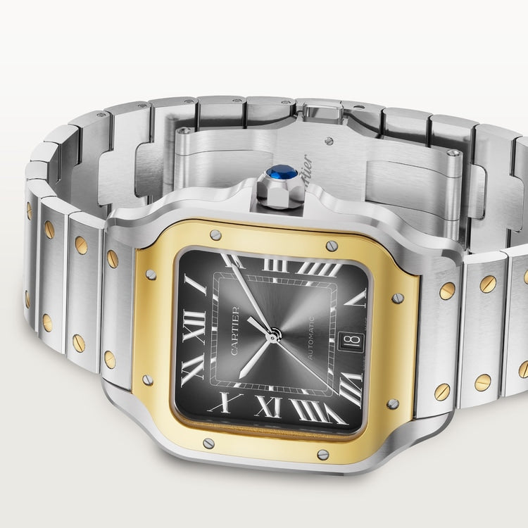 Santos de Cartier Large 39.8mm Steel Yellow Gold Blue Crown Anthracite Gray Dial Steel Bracelet Automatic Watch