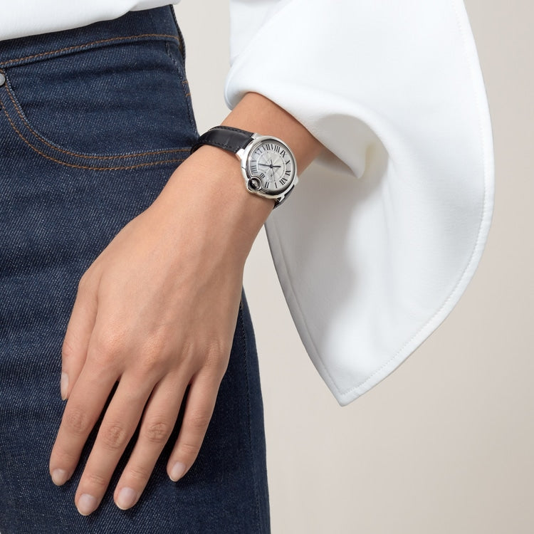 Ballon Bleu 33mm Steel Automatic Silver Guilloché Dial Alligator Strap Watch