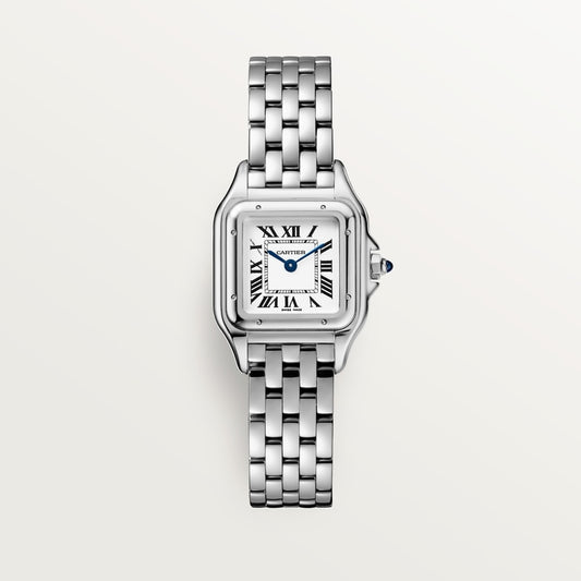 ساعة Panthère de Cartier، طراز صغير، 30 مم × 23 مم، فولاذ، تاج أزرق، ميناء فضي، سوار من الفولاذ، حركة كوارتز