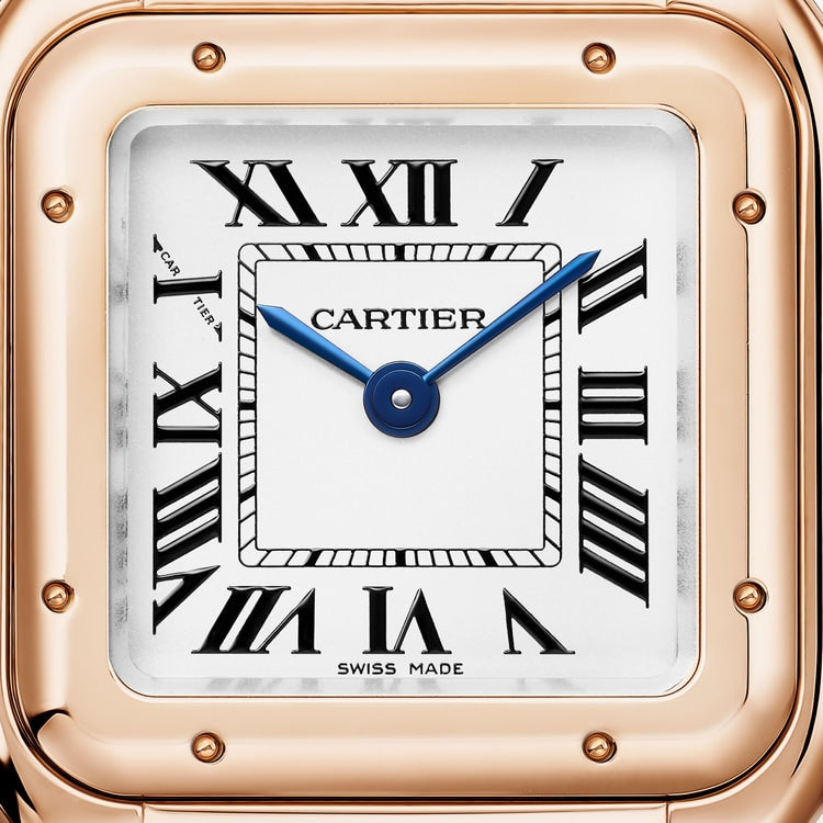 Panthère Small 23mm x 30mm Rose Gold Blue Crown Silvered Dial Rose Gold Bracelet Quartz Watch