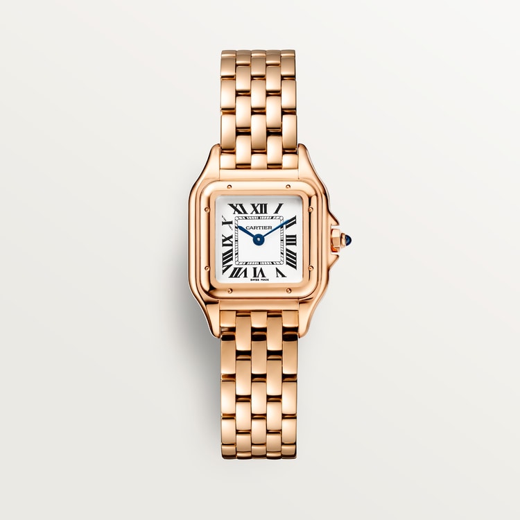 Panthère Small 23mm x 30mm Rose Gold Blue Crown Silvered Dial Rose Gold Bracelet Quartz Watch