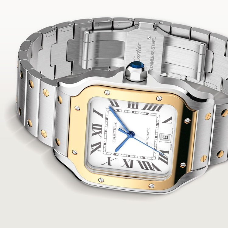 Santos de Cartier Large 39.8mm Steel Yellow Gold Bezel Silvered Opaline Dial Steel Bracelet Self-Winding Watch