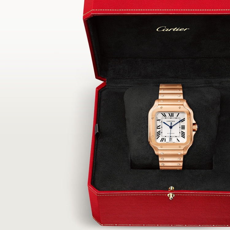 Santos-Dumont Large 43.5mm x 31.4mm Rose Gold Silvered Satin-Finish Dial Navy Blue Alligator Strap Manual-Winding Watch
