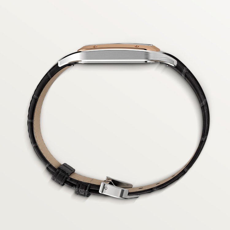 Santos-Dumont Large 43.5mm x 31.4mm Steel Rose Gold Bezel Silvered Satin-Finish Dial Black Alligator Strap Quartz Watch