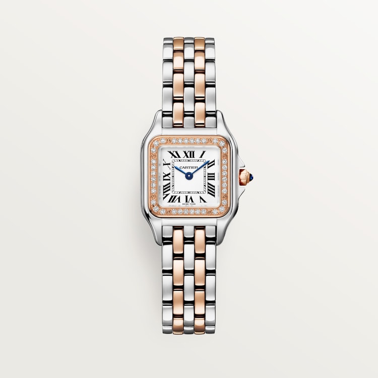Panthère Small 22mm x 30mm Rose Gold Steel Diamond Bezel Blue Crown Silvered Dial Rose Gold Steel Bracelet Quartz Watch