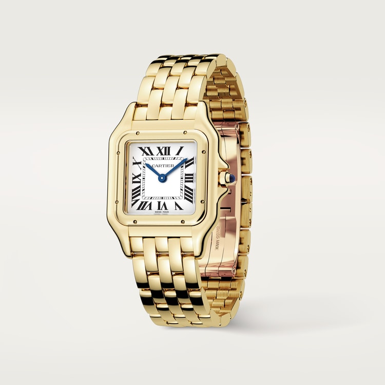 Panthère Medium 29mm x 37mm Yellow Gold Blue Sapphire Crown Silvered Dial Yellow Gold Bracelet Quartz Watch