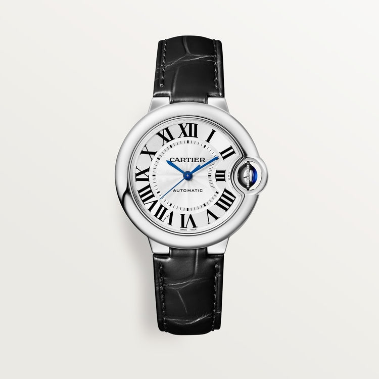 Ballon Bleu 33mm Steel Automatic Silver Guilloché Dial Alligator Strap Watch