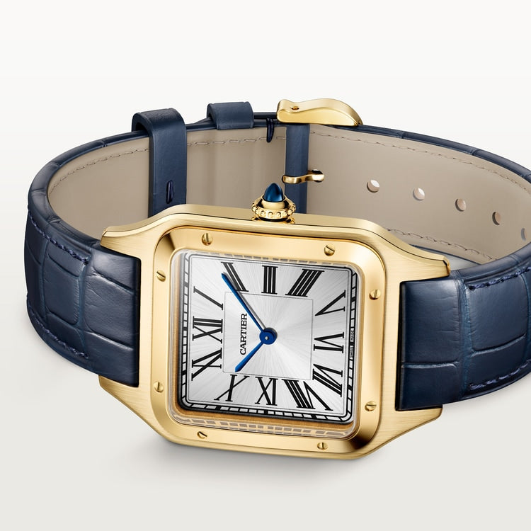 Santos-Dumont Large 43.5mm x 31.4mm Yellow Gold Silvered Satin-Finish Dial Navy Blue Alligator Strap Manual-Winding Watch