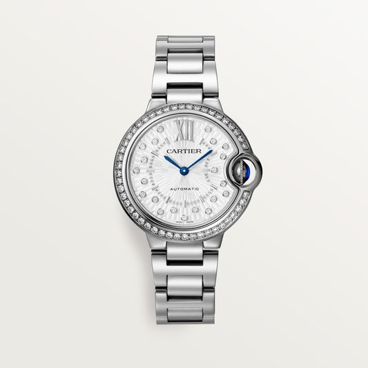 ساعة Ballon Bleu مقاس 33 مم من الفولاذ، حركة أوتوماتيكية، إطار مرصع بالألماس، ميناء فضي بنقش غيوشيه، وسوار من الفولاذ