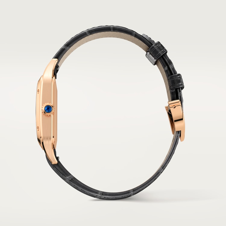Santos-Dumont Small 38mm x 27.5mm Rose Gold Blue Crown Silver Dial Gray Alligator Strap Quartz Watch