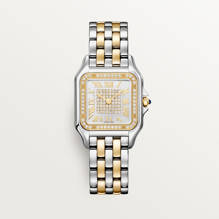 Panthère de Cartier Medium 36.5mm x 26.7mm Yellow Gold Steel Diamond Bezel Blue Crown Silvered Dial Yellow Gold Steel Bracelet Quartz Watch
