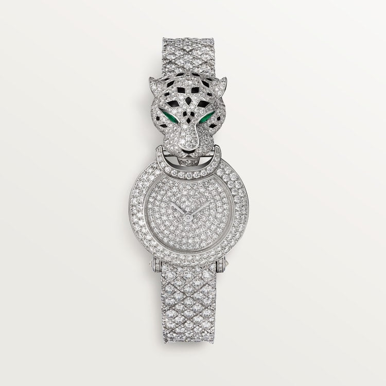 Panthère Mini 23.6mm White Gold Diamond Bezel Emerald Eyes Diamond Dial White Gold Bracelet Quartz Watch