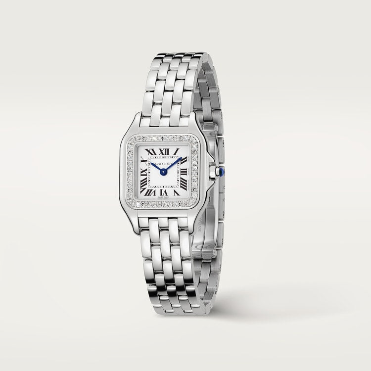 Panthère de Cartier Small 22mm x 30mm Steel Diamond Bezel Blue Crown Silver Dial Steel Bracelet Quartz Watch
