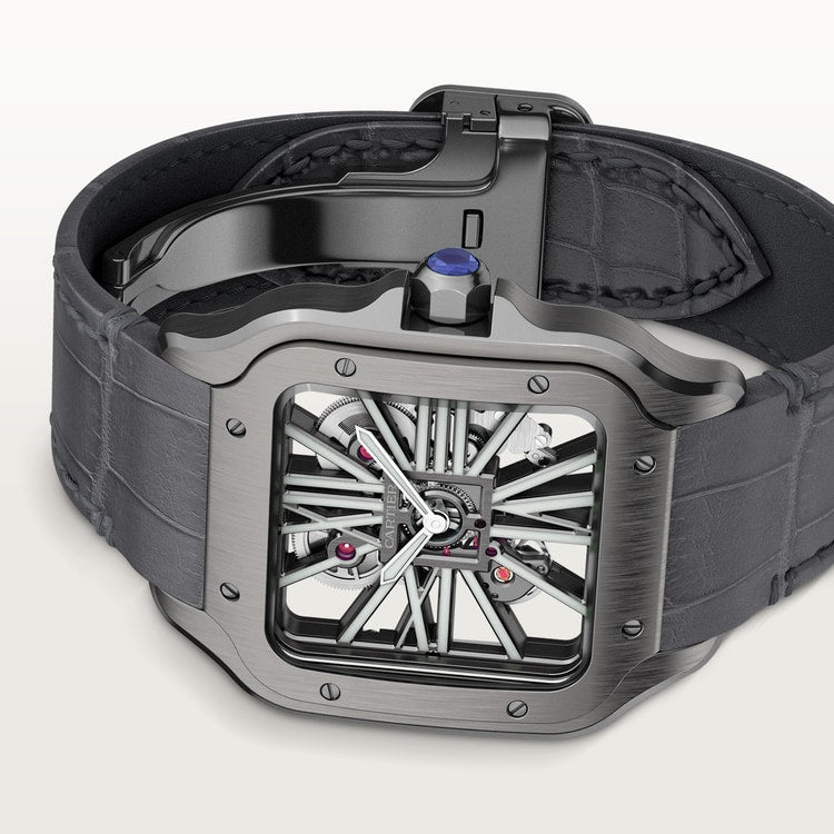 Santos de Cartier Large 39.7mm Steel Blue Crown Skeleton Dial Alligator Strap Manual-Winding Watch