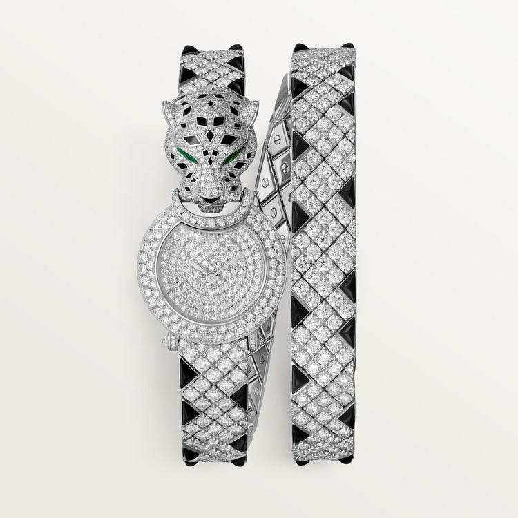 Panthère Small 23.6mm White Gold Diamond Case Diamond Panther Head Emerald Eyes Diamond Dial White Gold Diamond Bracelet Quartz Watch