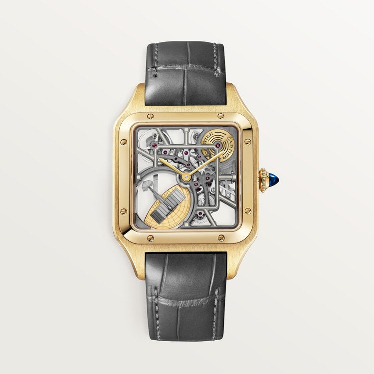 Santos-Dumont Large 43.5mm x 31.4mm Yellow Gold Skeleton Dial Alligator Strap Self-Winding Watch